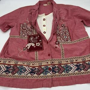 Bobbie Brooks Woman Layered Blouse Embroidery Applique Paisley Red 18W/20W